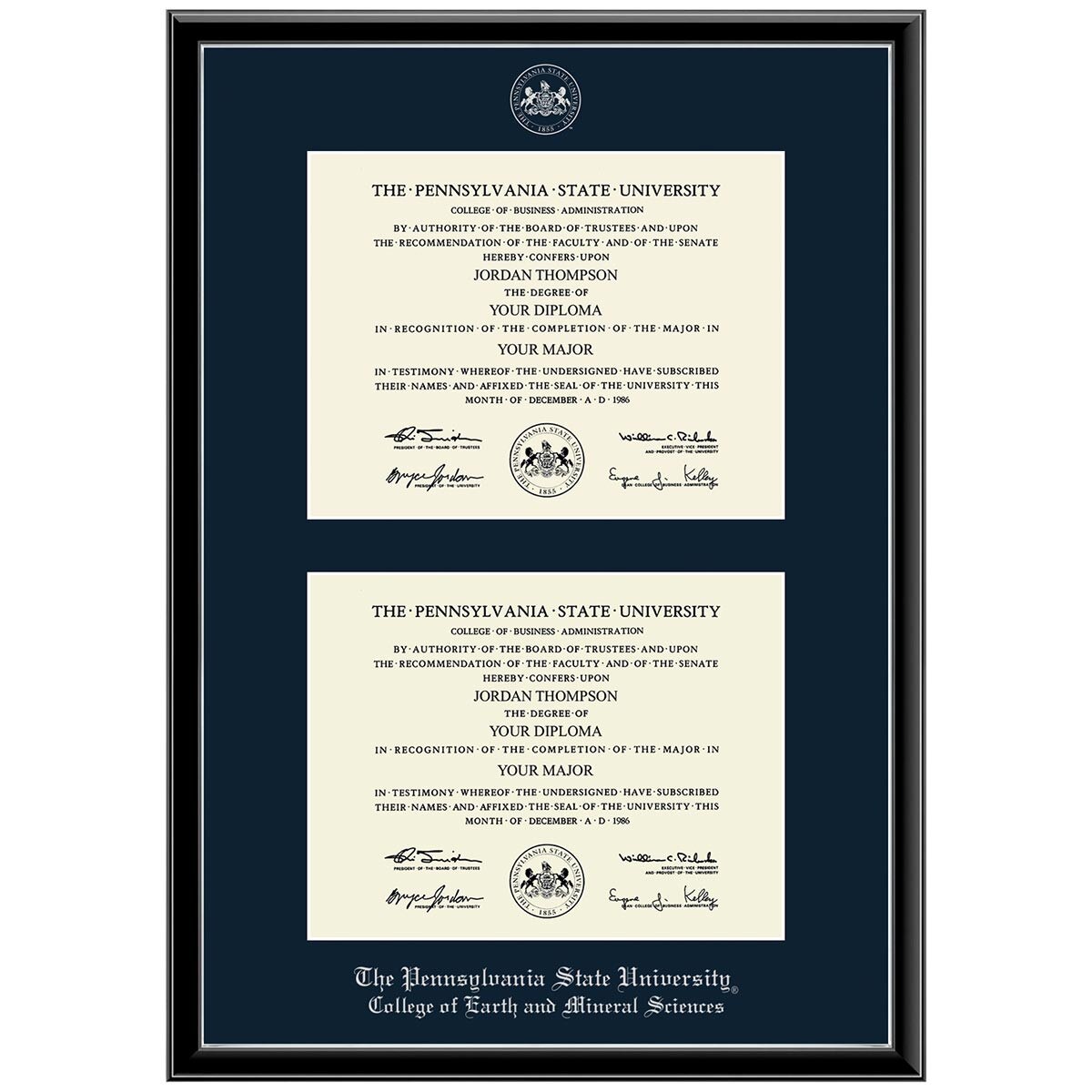 #102 College of Earth and Mineral Sciences double diploma frame Onexa Silver (Black)